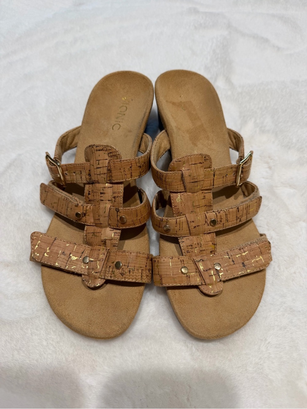 Vionic Tan Cork-Style Strappy Slide Sandals